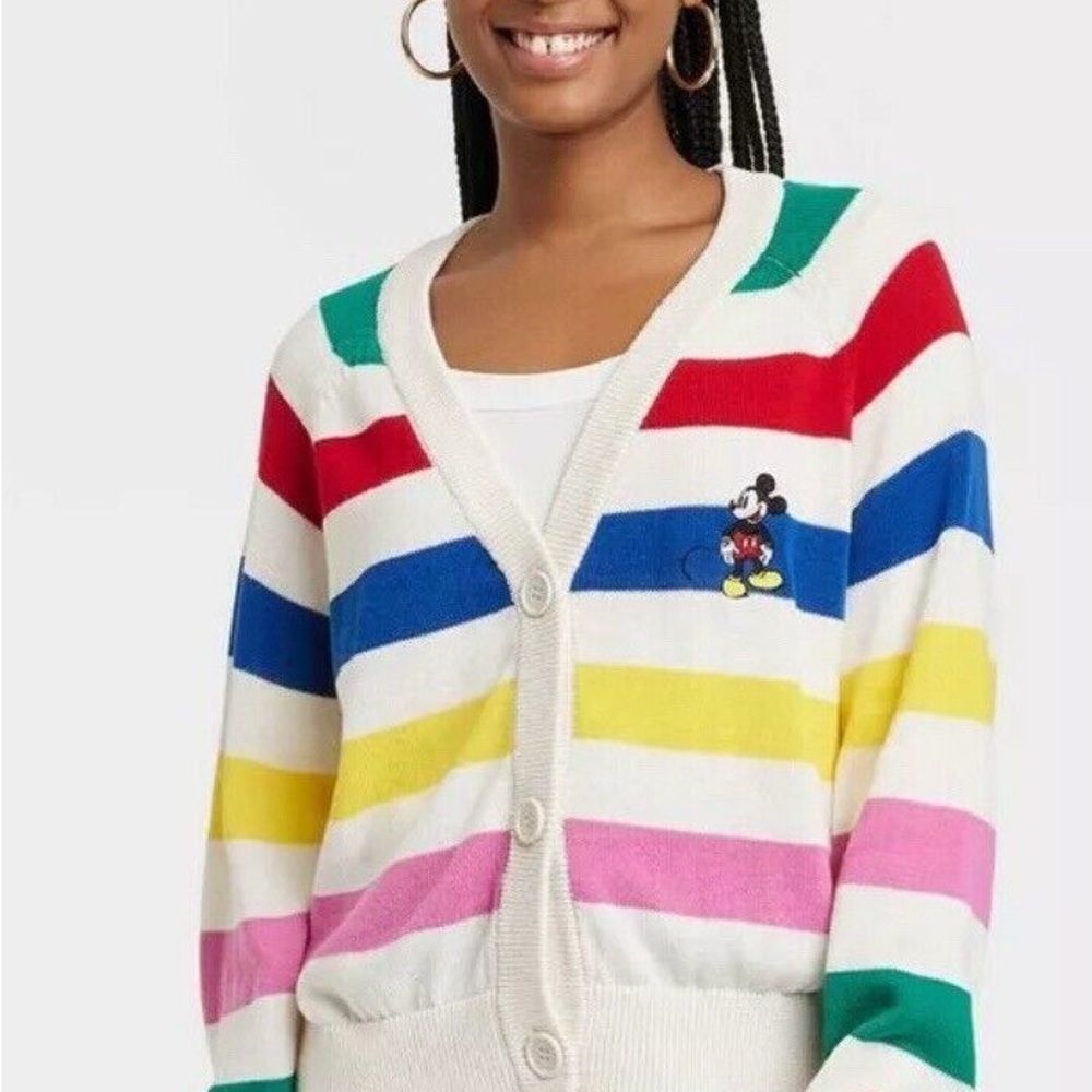 Disney 100 Mickey Mouse Women's Colorful Striped Button Down Cardigan Sweater